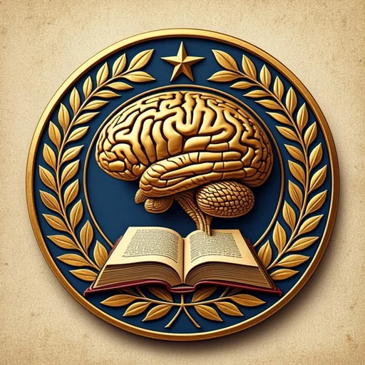 شعار سليمان SI — دماغ محاط بإكليل الغار فوق كتاب مفتوح