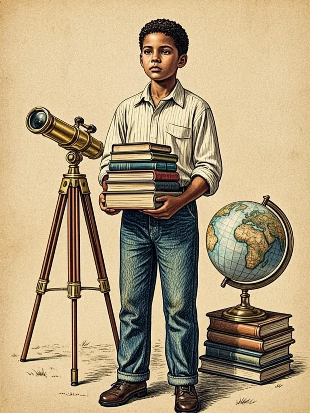 طالبٌ يحملُ كومةَ كتبٍ بجانبه تلسكوبٌ نحاسيٌ وأطلس